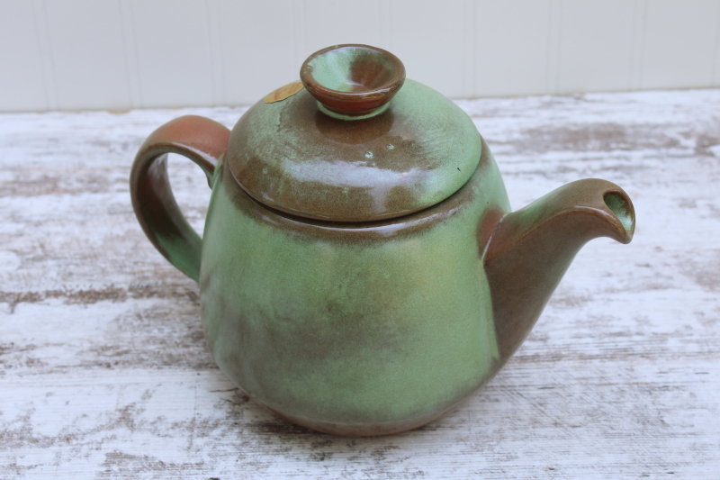photo of Plainsman prairie green teapot w/ original label, vintage Frankoma pottery green brown glaze #8
