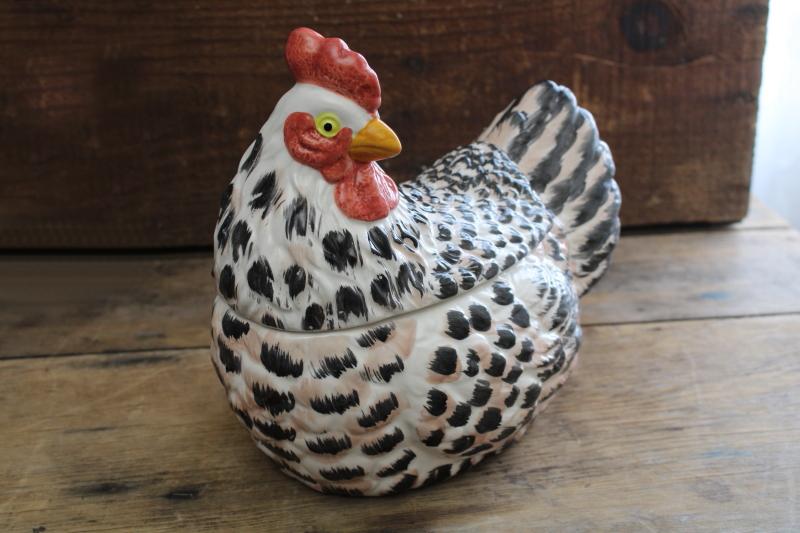 photo of Plymouth barred rock chicken, large ceramic hen cookie jar, 90s vintage #5