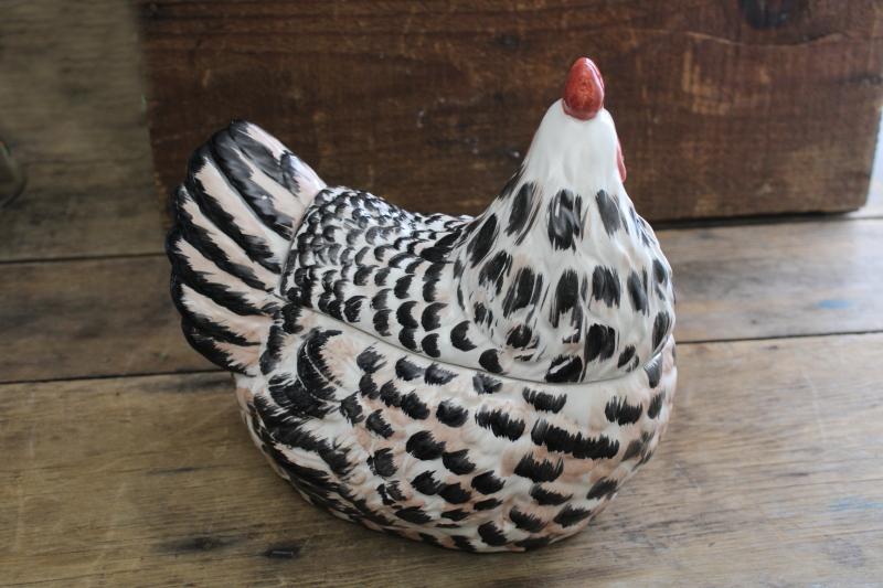 photo of Plymouth barred rock chicken, large ceramic hen cookie jar, 90s vintage #7