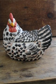 catalog photo of Plymouth barred rock chicken, large ceramic hen cookie jar, 90s vintage