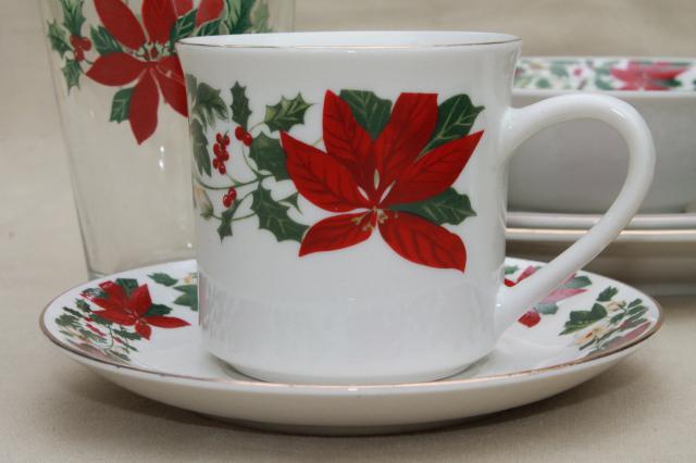 photo of Poinsettia Holiday Gibson china Christmas dishes set for 6 w/ glass tumblers, matching flatware #3