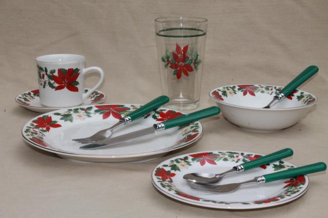 photo of Poinsettia Holiday Gibson china Christmas dishes set for 6 w/ glass tumblers, matching flatware #4