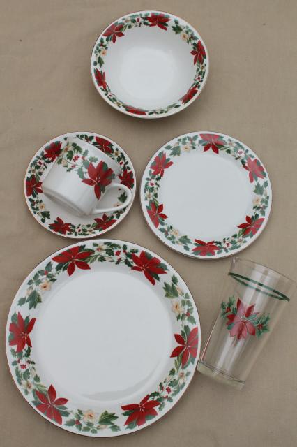 photo of Poinsettia Holiday Gibson china Christmas dishes set for 6 w/ glass tumblers, matching flatware #6