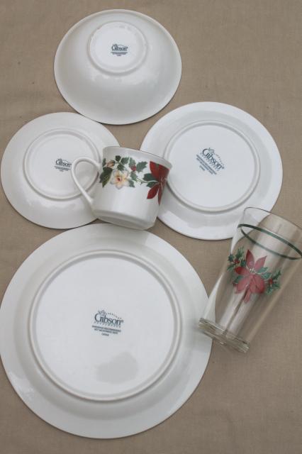 photo of Poinsettia Holiday Gibson china Christmas dishes set for 6 w/ glass tumblers, matching flatware #7