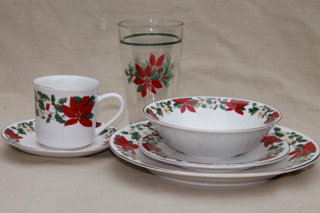 photo of Poinsettia Holiday Gibson china Christmas dishes set for 6 w/ glass tumblers, matching flatware #8