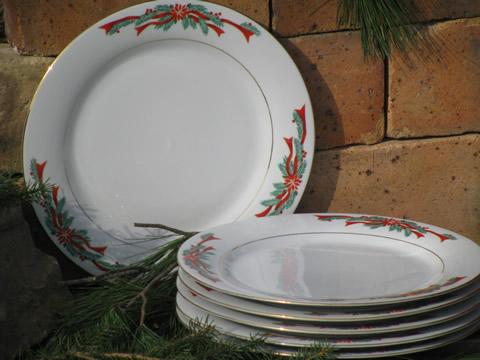 photo of Poinsettia ribbon Christmas holiday Tienshan china, 6 dinner plates #1