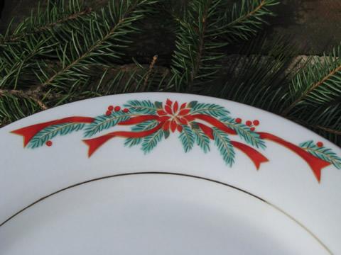 photo of Poinsettia ribbon Christmas holiday Tienshan china, 6 dinner plates #3