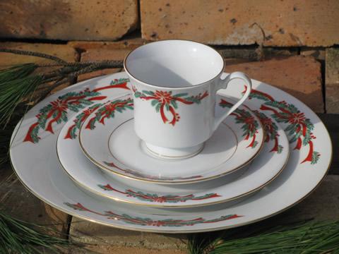 photo of Poinsettia ribbon Christmas holiday dishes for 10, Tienshan china #2