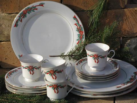 photo of Poinsettia ribbon Christmas holiday dishes for 4, Tienshan china #1