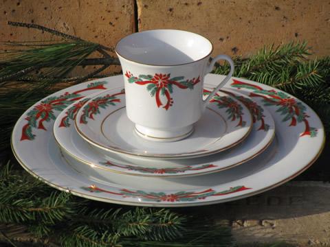 photo of Poinsettia ribbon Christmas holiday dishes for 4, Tienshan china #2