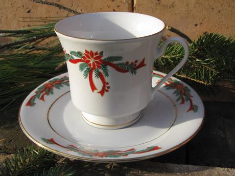 photo of Poinsettia ribbon Christmas holiday dishes for 4, Tienshan china #5