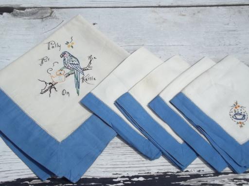 photo of Polly Put the Kettle On, parrot embroidery tea table cloth and napkins set #1