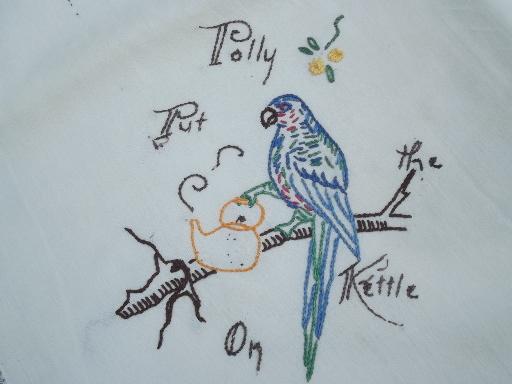 photo of Polly Put the Kettle On, parrot embroidery tea table cloth and napkins set #3