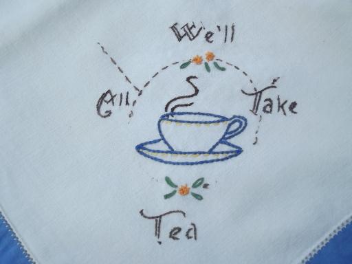 photo of Polly Put the Kettle On, parrot embroidery tea table cloth and napkins set #4