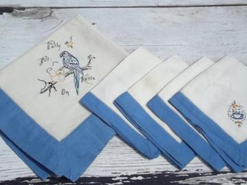 catalog photo of Polly Put the Kettle On, parrot embroidery tea table cloth and napkins set