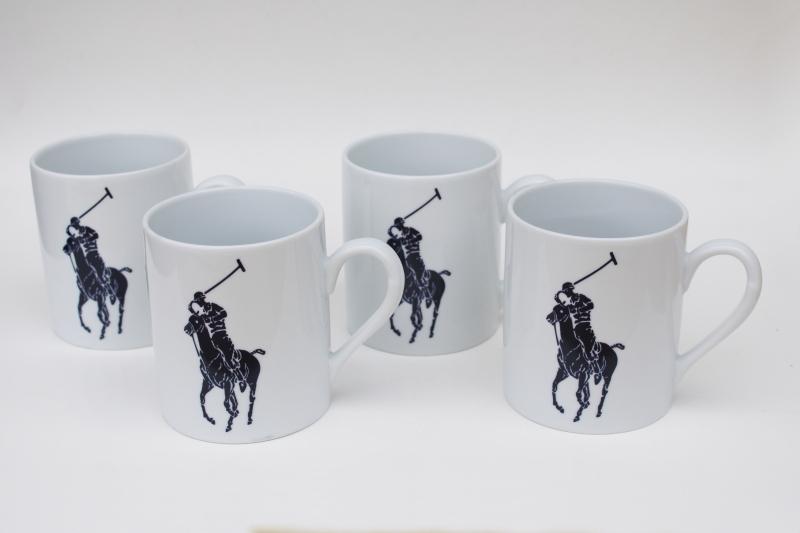 photo of Polo mugs set of four, Ralph Lauren polo player logo print navy blue on white #1