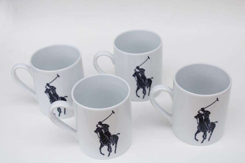 photo of Polo mugs set of four, Ralph Lauren polo player logo print navy blue on white #2