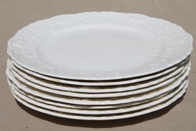 photo of Pope Gosser Rose Point vintage embossed floral border china plates, plain antique white creamware #3