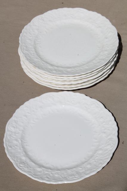 photo of Pope Gosser Rose Point vintage embossed floral border china plates, plain antique white creamware #4