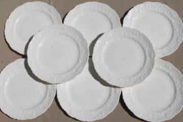 catalog photo of Pope Gosser Rose Point vintage embossed floral border china plates, plain antique white creamware