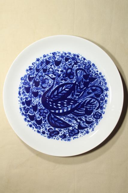 photo of Porsgrund Norway porcelain charger plate or tray, blue & white peacock bird #1