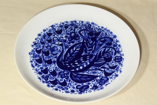 photo of Porsgrund Norway porcelain charger plate or tray, blue & white peacock bird #2