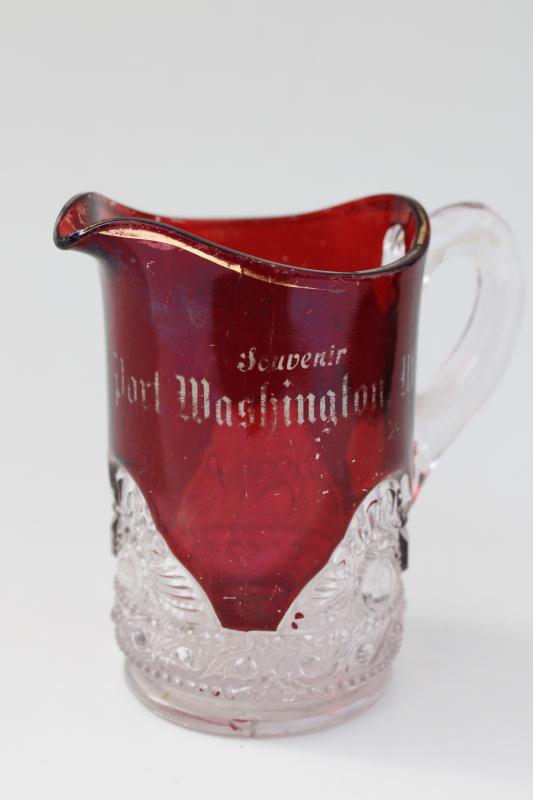 photo of Port Washington Wisconsin souvenir, antique ruby stain pressed glass pitcher #1