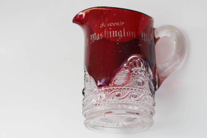 photo of Port Washington Wisconsin souvenir, antique ruby stain pressed glass pitcher #3