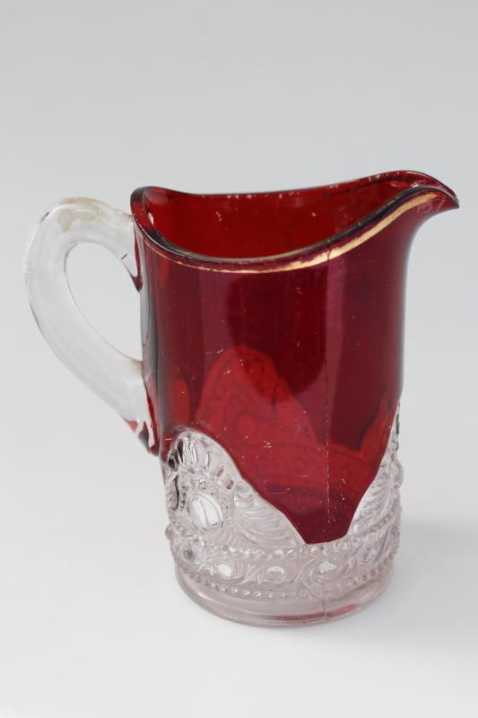 photo of Port Washington Wisconsin souvenir, antique ruby stain pressed glass pitcher #5