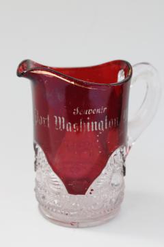 catalog photo of Port Washington Wisconsin souvenir, antique ruby stain pressed glass pitcher