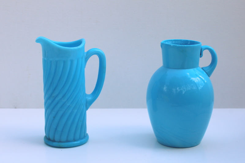 photo of Portieux Vallerysthal French blue opaline milk glass pitchers, small jugs flower vases  #1