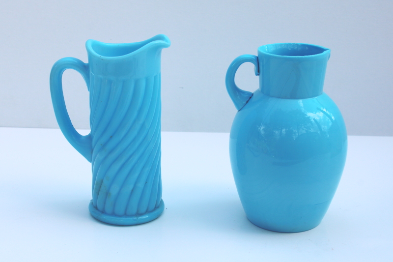 photo of Portieux Vallerysthal French blue opaline milk glass pitchers, small jugs flower vases  #2