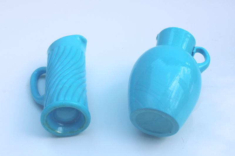 photo of Portieux Vallerysthal French blue opaline milk glass pitchers, small jugs flower vases  #3