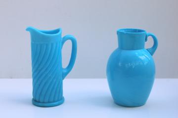 catalog photo of Portieux Vallerysthal French blue opaline milk glass pitchers, small jugs flower vases 