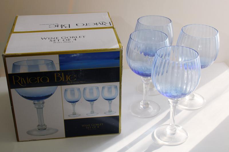 photo of Portmeirion Riviera blue clear stem wine glasses, balloon shape goblets in original box #1