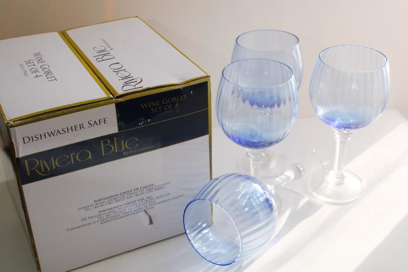 photo of Portmeirion Riviera blue clear stem wine glasses, balloon shape goblets in original box #5