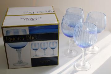 catalog photo of Portmeirion Riviera blue clear stem wine glasses, balloon shape goblets in original box