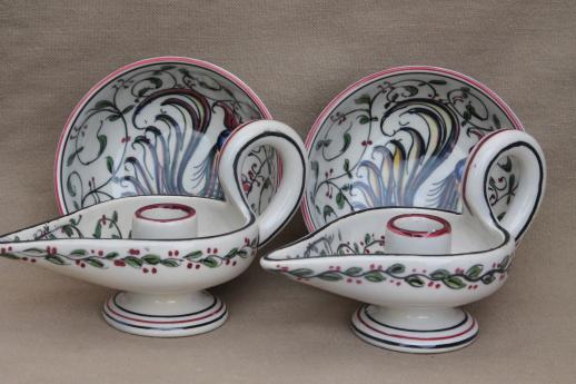 photo of Portugal hand-painted pottery bowls & candle holders w/ folk art roosters #1