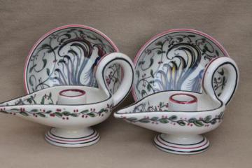 catalog photo of Portugal hand-painted pottery bowls & candle holders w/ folk art roosters