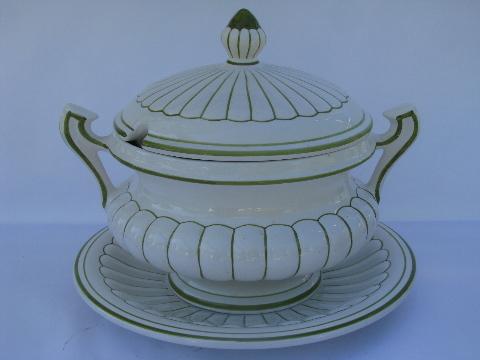 photo of Portugese pottery, huge vintage hand-painted soup tureen, lime green & white #1