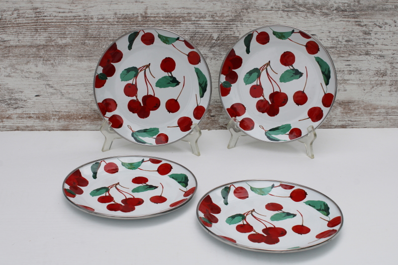 photo of Pottery Barn enamelware salad plates, red cherries on white enamel metal, MacKenzie Childs style #1