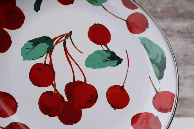 photo of Pottery Barn enamelware salad plates, red cherries on white enamel metal, MacKenzie Childs style  #2