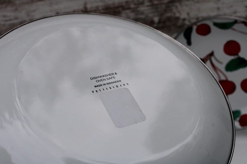 photo of Pottery Barn enamelware salad plates, red cherries on white enamel metal, MacKenzie Childs style  #3