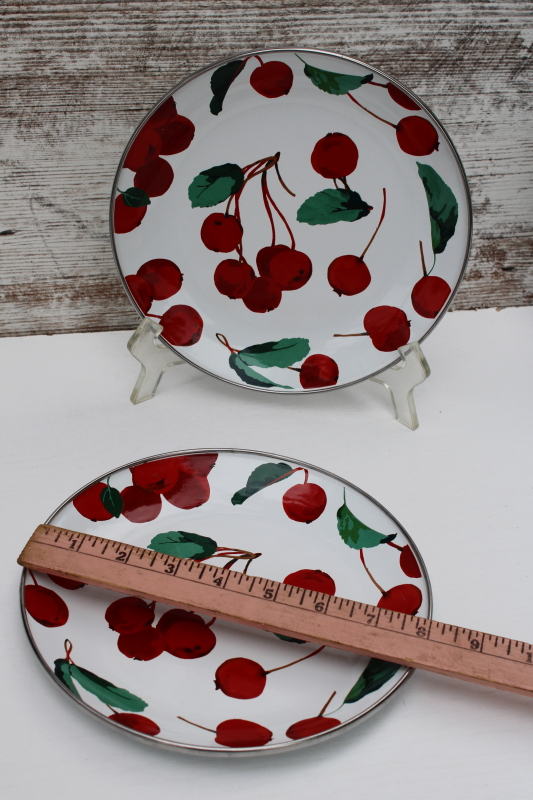 photo of Pottery Barn enamelware salad plates, red cherries on white enamel metal, MacKenzie Childs style  #5