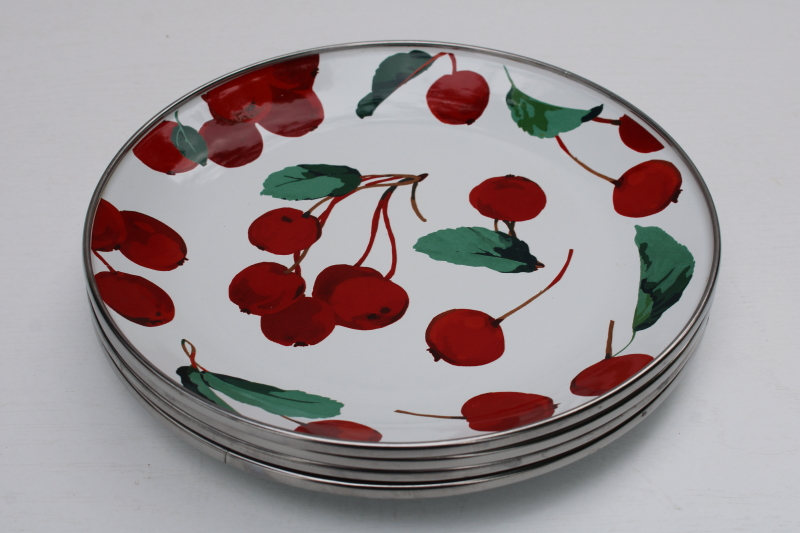 photo of Pottery Barn enamelware salad plates, red cherries on white enamel metal, MacKenzie Childs style  #6