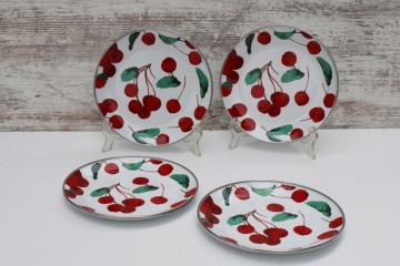 catalog photo of Pottery Barn enamelware salad plates, red cherries on white enamel metal, MacKenzie Childs style 