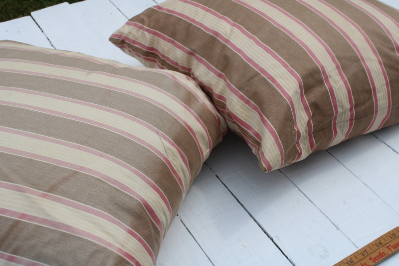 photo of Pottery Barn feather filled throw pillows w/ faded brown & red ticking striped cotton covers #3