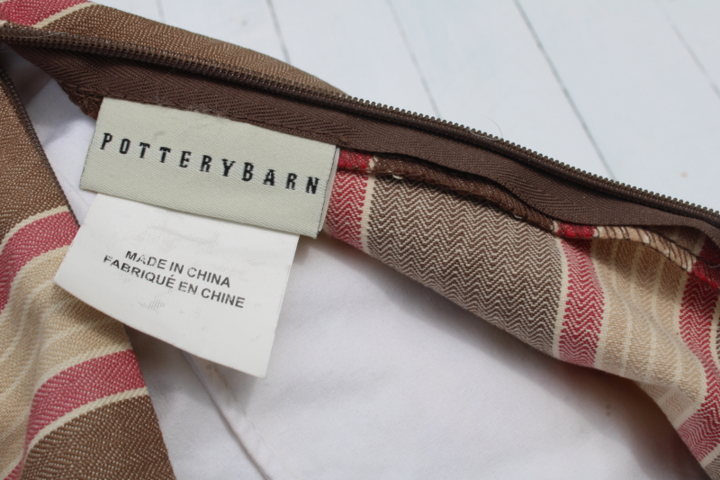 photo of Pottery Barn feather filled throw pillows w/ faded brown & red ticking striped cotton covers #4