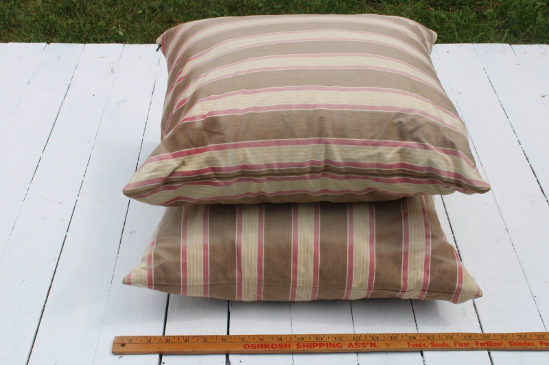 photo of Pottery Barn feather filled throw pillows w/ faded brown & red ticking striped cotton covers #5