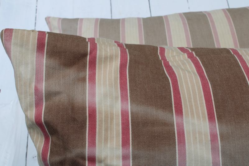 photo of Pottery Barn feather filled throw pillows w/ faded brown & red ticking striped cotton covers #6